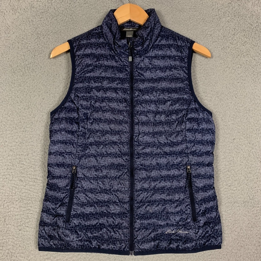 Eddie Bauer EB700 Down Vest Women's Small S Navy Printed Full Zip Quilted Puffer